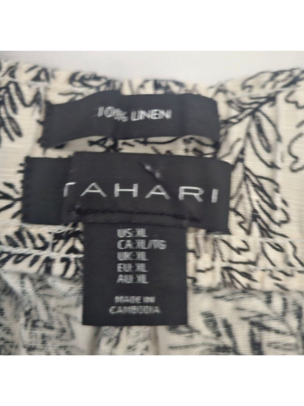 Tahari Black Leaf Print 100% Linen Elastic Waistband Wide Leg Crop Pants Size XL - Picture 5 of 12